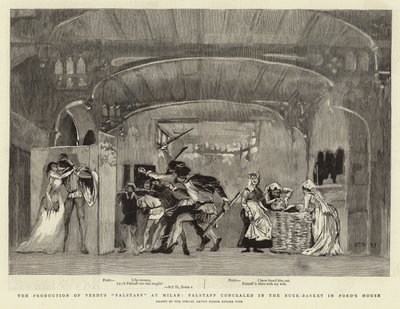 La production de Falstaff de Verdi à Milan, Falstaff caché dans le panier à linge dans la maison de Ford - Ettore Tito